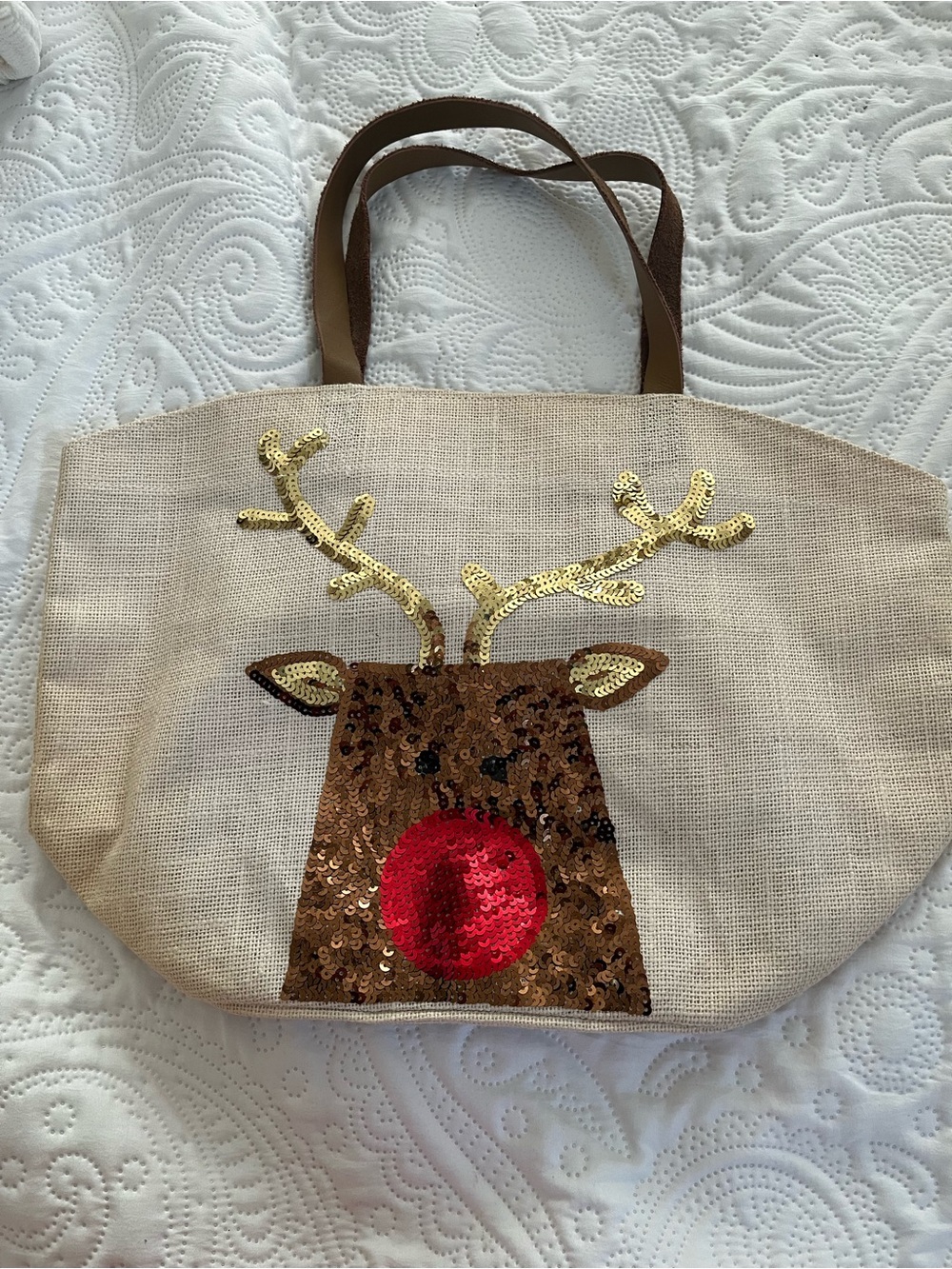 Mud Pie Beige Sequin Reindeer Tote with Brown Leather Handles